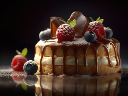 Delicious  Chantilly cake with fluffy and moist vanilla layers topped with caramel sauce.Cake styled with blueberries and raspberries.Close up.Generated by AI.の素材