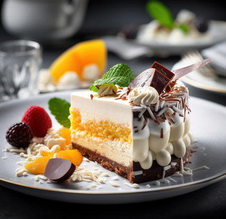 Tasty delicious cake decorated with vanilla filled and slices of mango and bubble chocolates on a light background.  White cream cake chic dessert in a restaurant Generated by AI.の素材