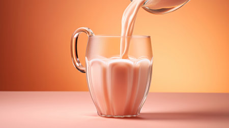 An orange milkshake being poured into a glass..Orange background, light pink and beige colors.の素材