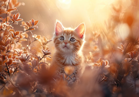 Cute little kitten sitting in the grass on the sunset background.の素材