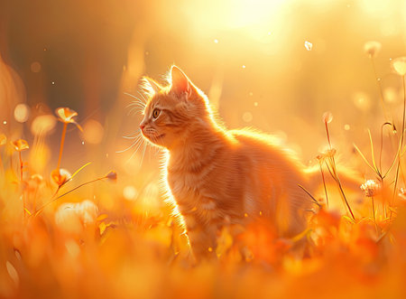 Cute ginger kitten on a meadow in the rays of the setting sunの素材