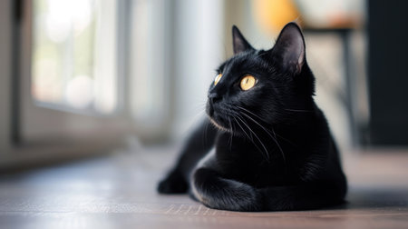 Black cat with yellow eyes lying on the floor in the room.の素材