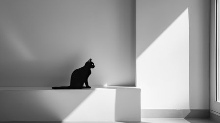 Black cat sitting in a room with white walls. 3d renderingの素材