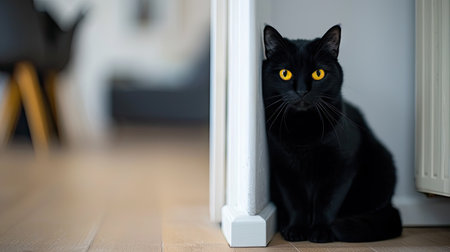 Black cat with yellow eyes sitting in front of a white door.の素材