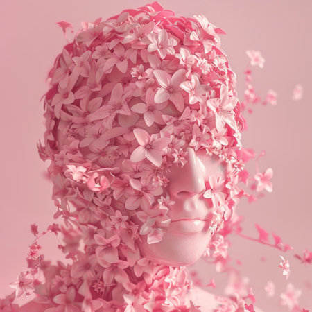 Head of a woman with pink flowers in her hair. 3d renderingの素材