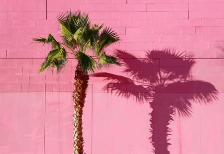 Palm tree shadow on pink wall background. Copy space for textの素材