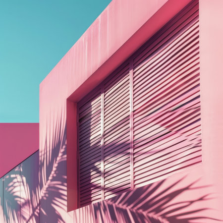 Pink wall and window with palm leaf shadow. Exterior design conceptの素材