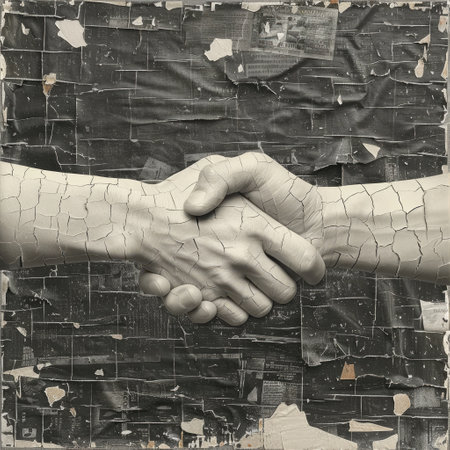 Black and white image of a handshake between two human hands over grunge backgroundの素材