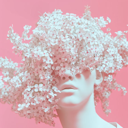 White female mannequin head with flowers on pink background. 3d renderingの素材