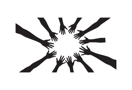 Teamwork concept. Silhouette of a group of hands together.のイラスト素材
