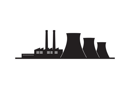 Silhouette of an industrial power plant with cooling towers and smokestacks isolated on transparent backgroundのイラスト素材
