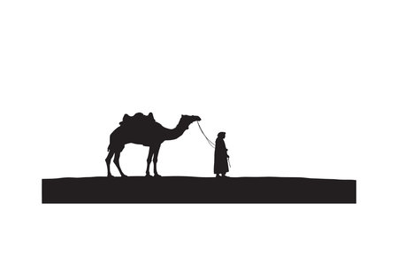 Silhouette of person walking camel with baggage on desert sand dunes isolated on transparent backgroundのイラスト素材