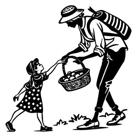 A black and white illustration of a man giving a basket to a little girlのイラスト素材