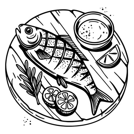 Grilled fish dish with lemon and sauce on a wooden plate in minimalist black and white styleのイラスト素材