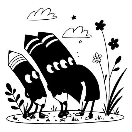 Playful black and white illustration of pencil characters in a whimsical outdoor sceneのイラスト素材