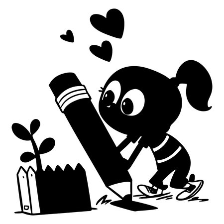 Cute girl writing with a giant pencil illustrating ideas and creative inspirationのイラスト素材