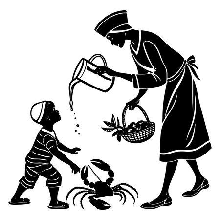 Silhouette illustration of a child a woman and a crab with an illustrative styleのイラスト素材