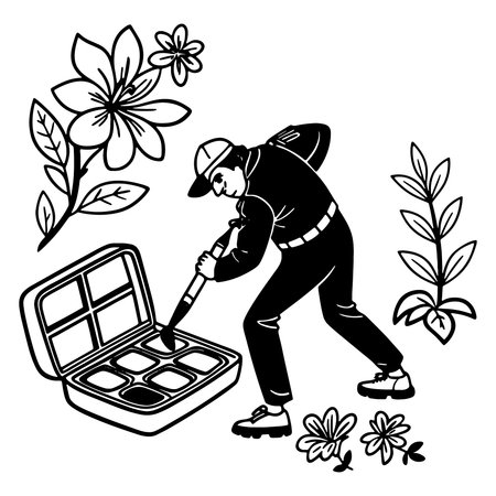 Gardener planting flowers using a brush and palette vector illustration in monochrome styleのイラスト素材