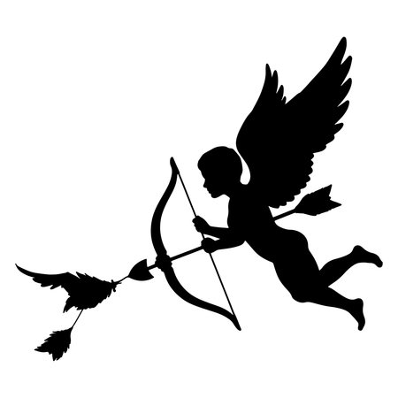 Black silhouette of cupid flying with bow and arrow in midair isolated on transparent background