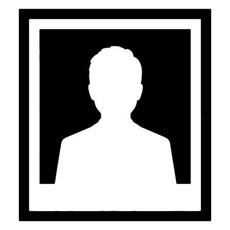 A white silhouette of a persons head and shoulders is framed by a thick black border set against a...
