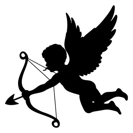 Cupid silhouette with bow and arrow flying in midair isolated on transparent background