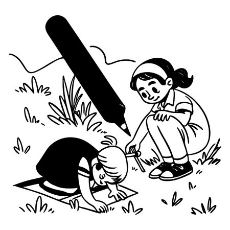 Two children drawing together in a field with a large marker and artworkのイラスト素材