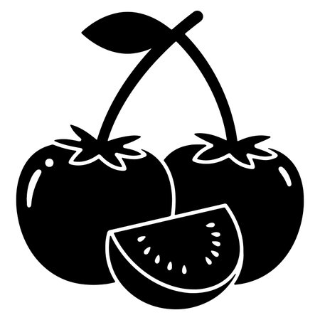 Black and white vector illustration of fresh tomatoes with slice and stem.のイラスト素材