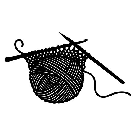 Black and white illustration of knitting needles yarn ball and crafted stitches on white backgroundのイラスト素材