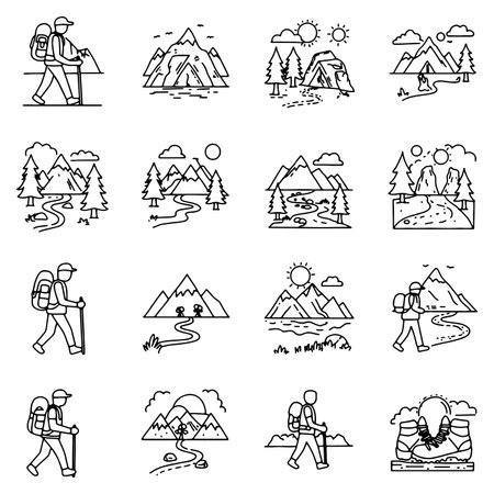 Collection of minimalist hiking and mountain icons featuring landscapes and outdoor adventuresのイラスト素材
