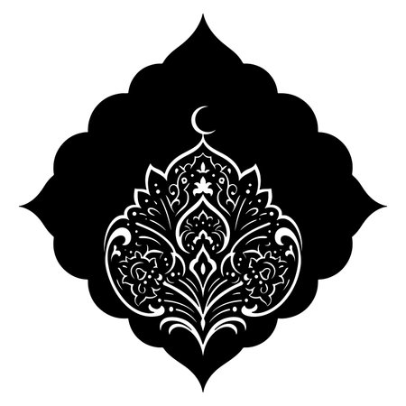 Elegant black and white islamic ornament with crescent moon and floral decorative elementsのイラスト素材