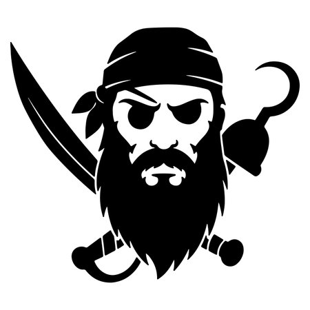Fierce pirate face with sword and hook hand in black and white illustrationのイラスト素材