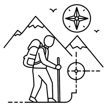 Hiking adventure in mountains with backpack and compass directional navigation concept illustrationのイラスト素材