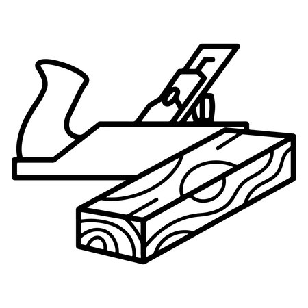 Black and white illustration of a wood plane and a piece of wood for carpentry work
