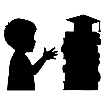 Silhouette of a child gazing at books and graduation cap representing education aspirationsのイラスト素材