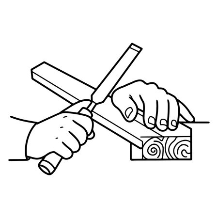 Handcrafted woodworking process depicting detailed chisel and wood block vector illustrationのイラスト素材
