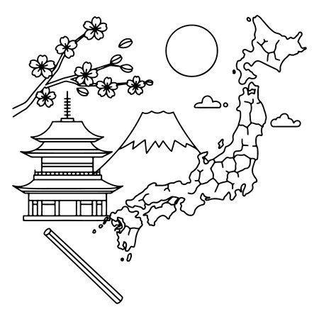 Simple black and white vector illustration of japan's iconic landmarks and sceneryのイラスト素材