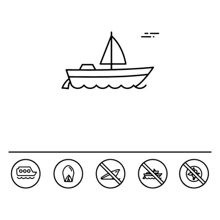 Simple line art illustration of a sailboat sailing on water with prohibition iconsのイラスト素材