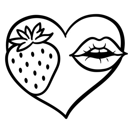 Black and white illustration of strawberry kiss lips within a heart shapeのイラスト素材