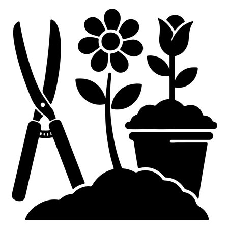 Black and white vector illustration featuring garden shears and potted flowers in a gardening sceneのイラスト素材