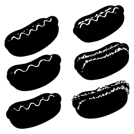 Black and White Hot Dog Illustration with Various Toppings and Condiments Depicting Classic American Fast Food Meal Delightのイラスト素材