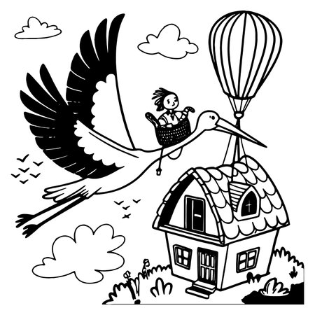 Black and white illustration of a stork delivering a baby to a cozy homeのイラスト素材