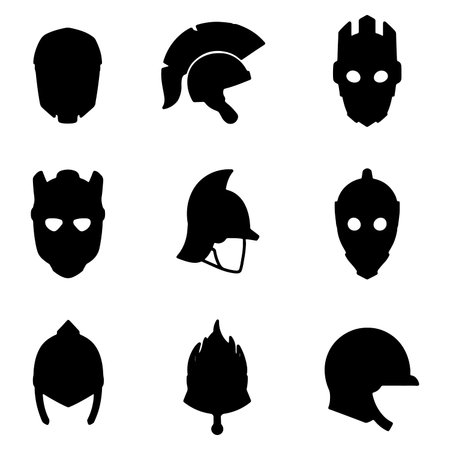 Collection of Helmet Silhouettes Depicting Warriors Knights and Protection Gear in Vector Format Ideal for Game Design and Historical Illustrationsのイラスト素材