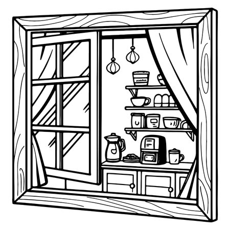 Black and white illustration of a cozy kitchen interior seen through an open windowのイラスト素材