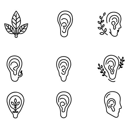 Ear Health and Nature Concepts in Minimalist Line Art Illustrations Collection for Healthcare Awareness and Audiology Studies with Leaf Accentのイラスト素材