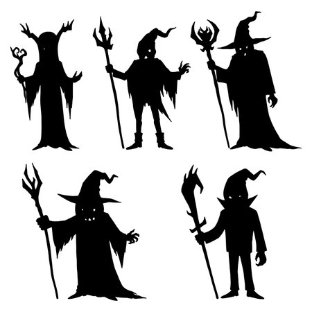 Silhouette collection of various wizard and sorcerer characters suitable for halloween decorationsのイラスト素材