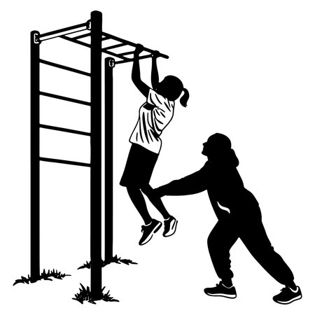 Girl and boy doing pull ups on the playground. Black and white vector illustration.