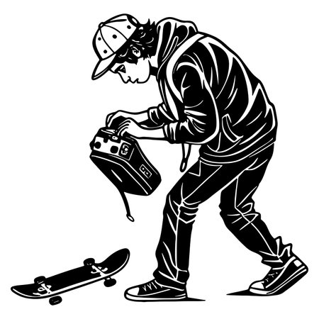 Skateboarder preparing his boombox with a hat and hoodie silhouette style vector illustrationのイラスト素材