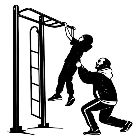Father helping child on monkey bars during outdoor exercise training for fitness and strength