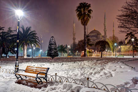 Sultan Ahmet Square in a snowy night in Istanbulの写真素材