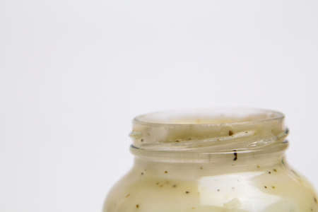 Carbonara Sauce in the bottles open jar. Selective focusの写真素材